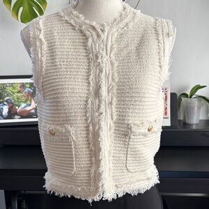 J. Crew Ivory Textured Crop Top with Gold Accents